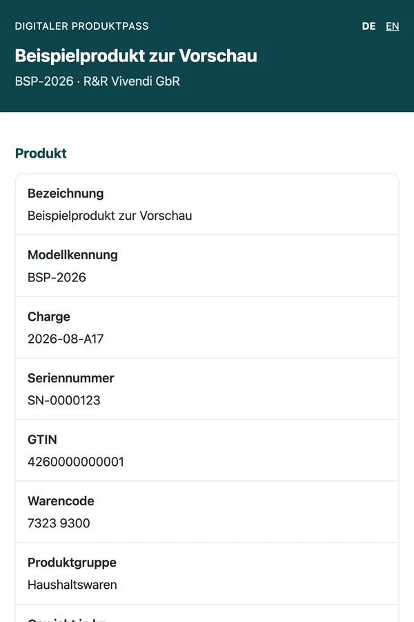 Digitaler Produktpass auf dem Mobiltelefon mit Produktangaben, Hersteller und Material
