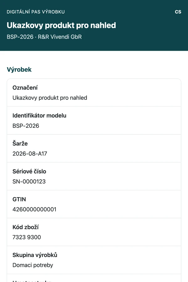 Digitální produktový pas v telefonu s údaji o produktu, výrobci a materiálu