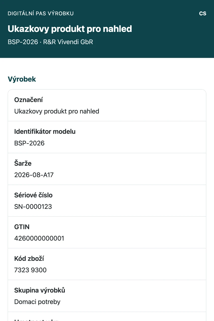 Digitální produktový pas v telefonu s údaji o produktu, výrobci a materiálu