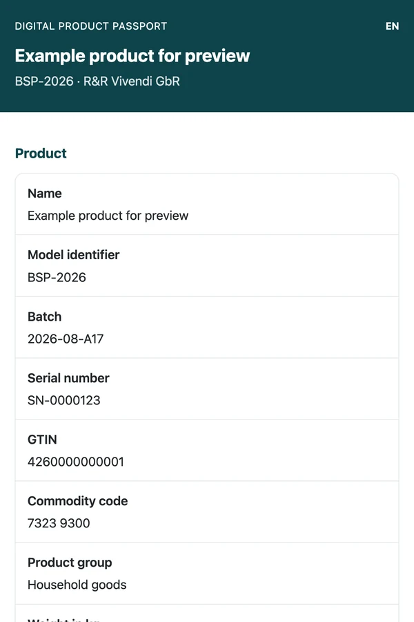Digital Product Passport on a mobile phone showing product, manufacturer and material data