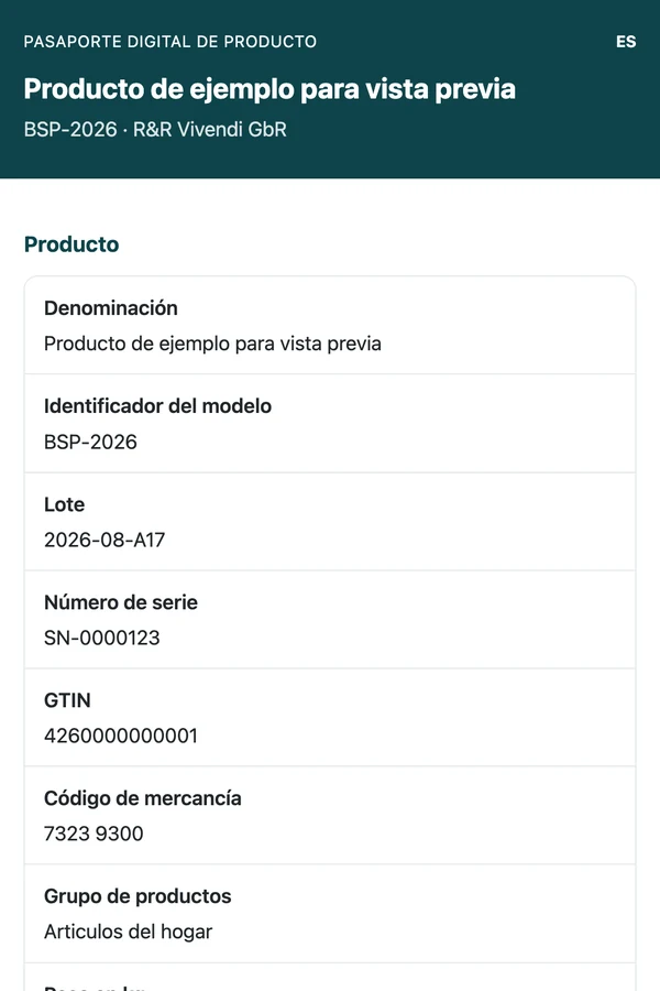 Pasaporte digital de producto en un teléfono con datos de producto, fabricante y material