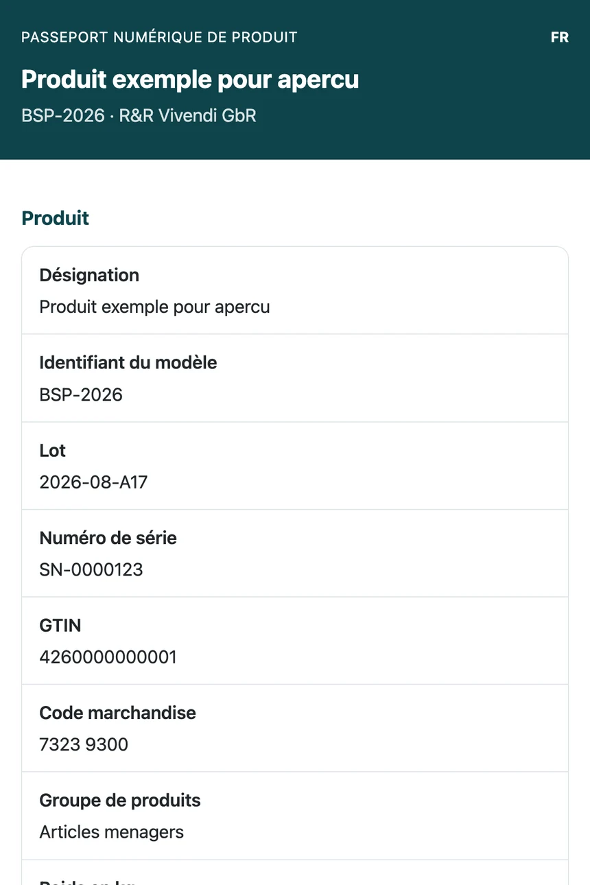 Passeport numérique de produit sur téléphone avec données produit, fabricant et matériaux
