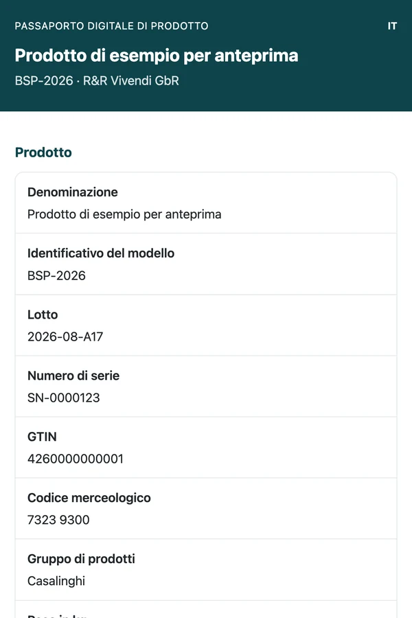 Passaporto digitale di prodotto su telefono con dati di prodotto, fabbricante e materiali