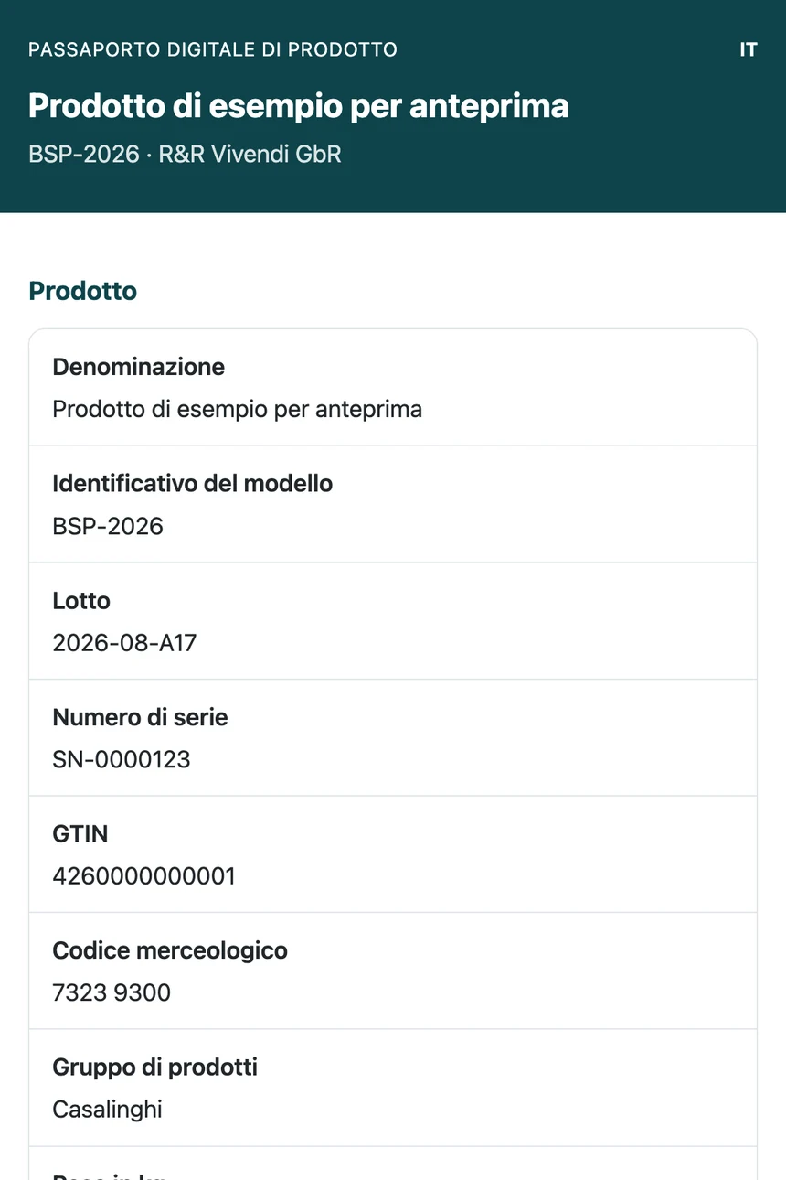 Passaporto digitale di prodotto su telefono con dati di prodotto, fabbricante e materiali