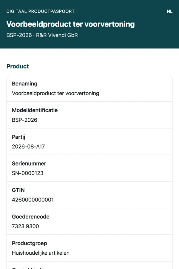 Digitaal productpaspoort op een telefoon met product-, fabrikant- en materiaalgegevens