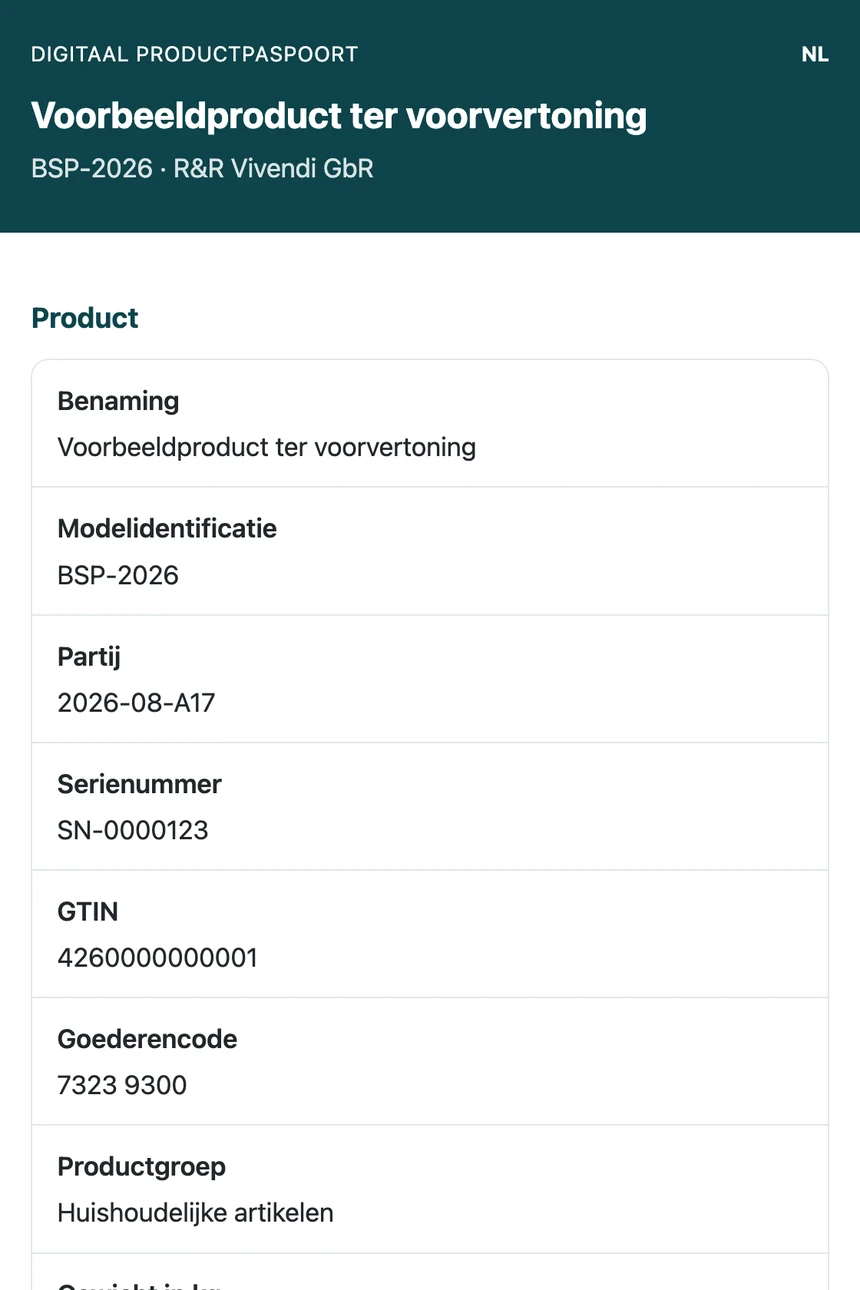 Digitaal productpaspoort op een telefoon met product-, fabrikant- en materiaalgegevens