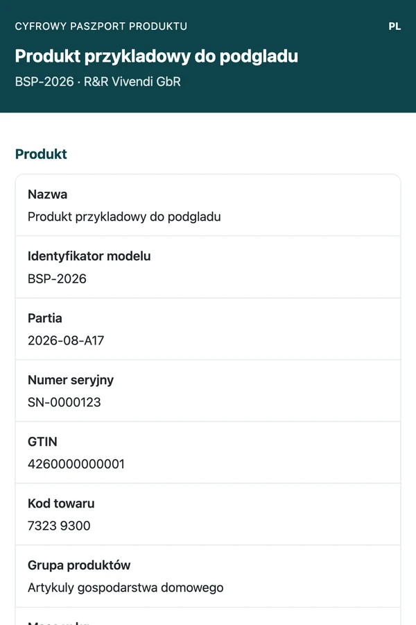 Cyfrowy paszport produktu na telefonie z danymi produktu, producenta i materiału