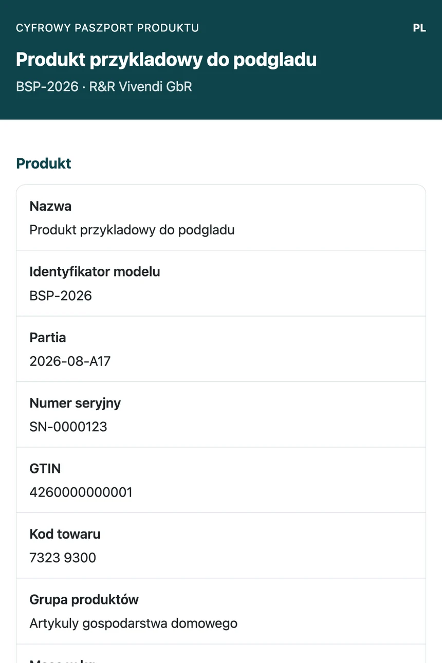Cyfrowy paszport produktu na telefonie z danymi produktu, producenta i materiału