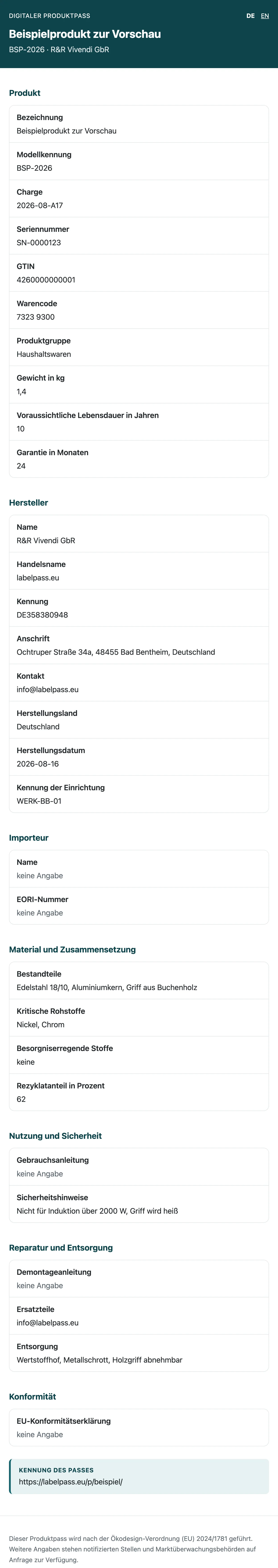 Digitaler Produktpass auf dem Mobiltelefon mit Produktangaben, Hersteller und Material
