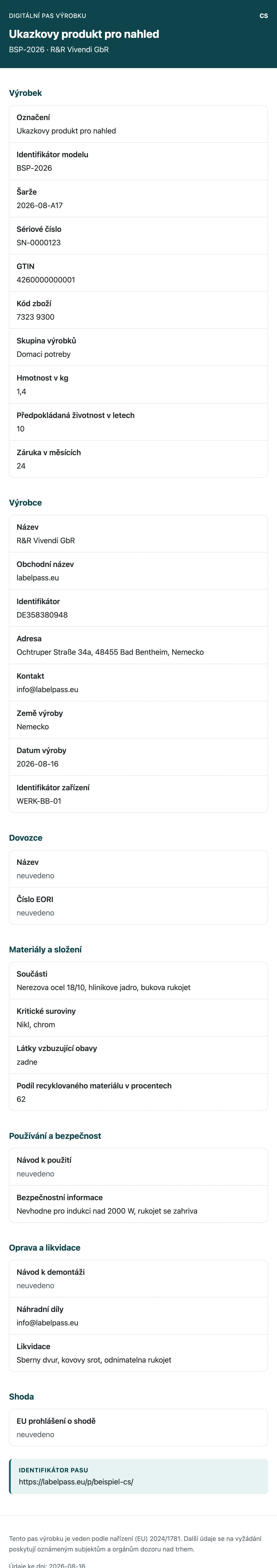 Digitální produktový pas v telefonu s údaji o produktu, výrobci a materiálu
