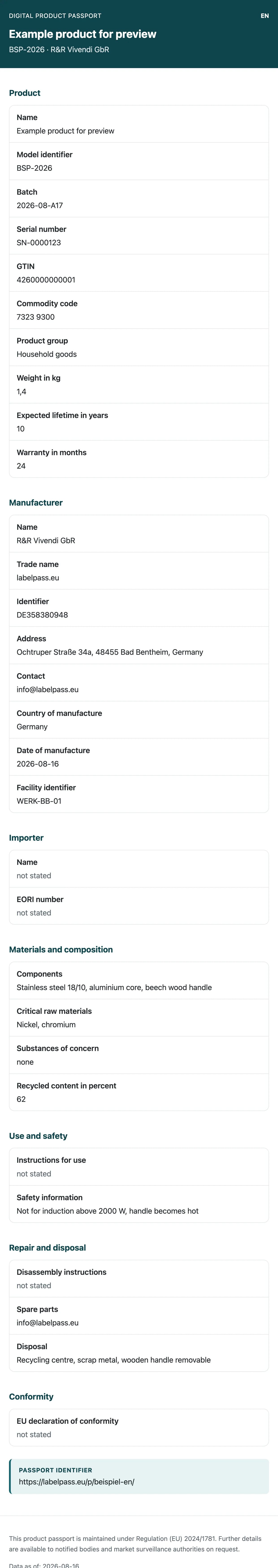 Digital Product Passport on a mobile phone showing product, manufacturer and material data