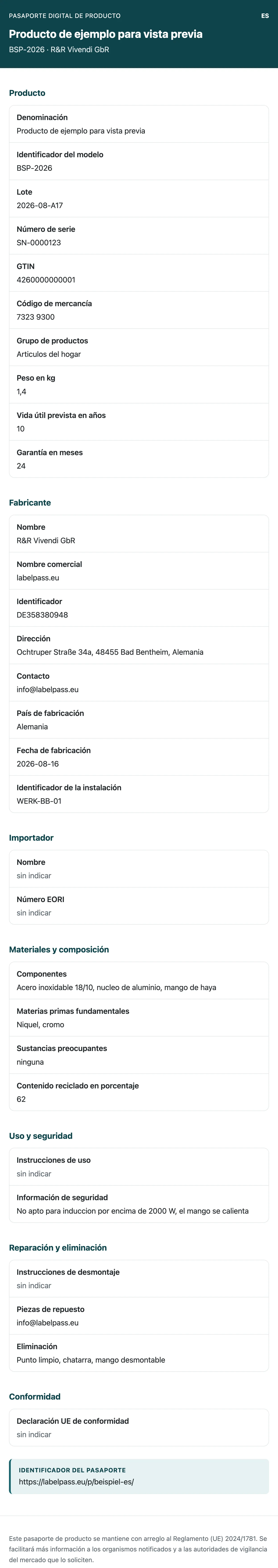 Pasaporte digital de producto en un teléfono con datos de producto, fabricante y material