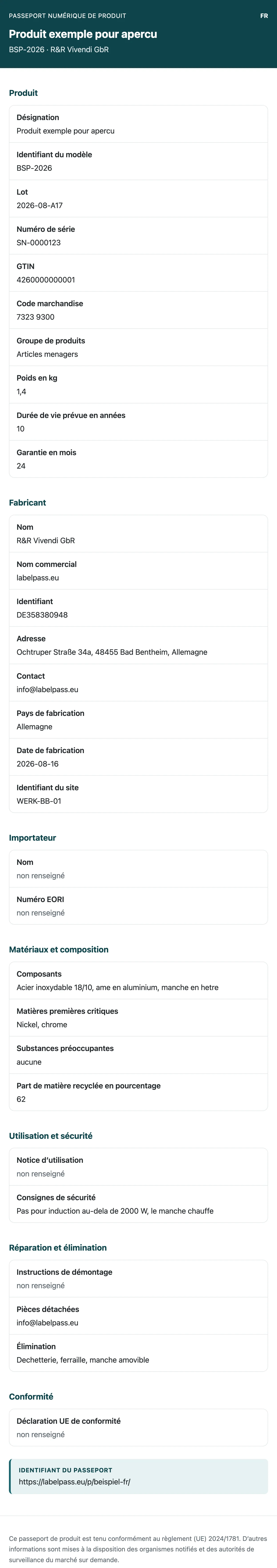 Passeport numérique de produit sur téléphone avec données produit, fabricant et matériaux