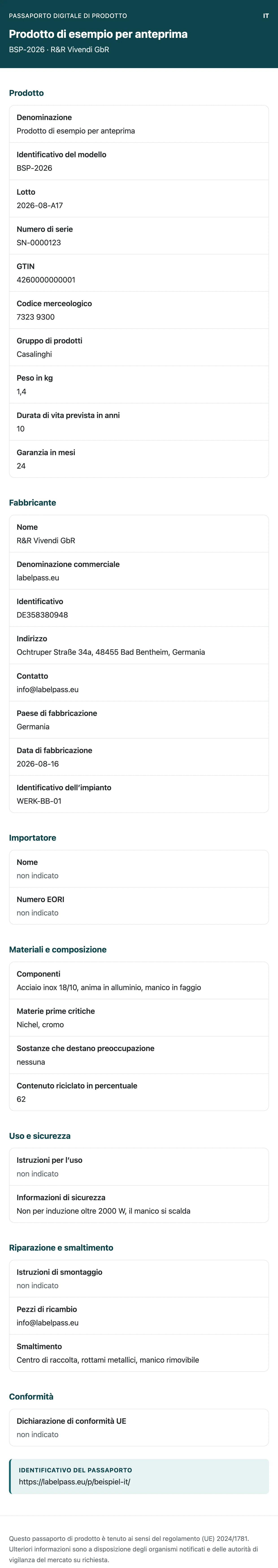 Passaporto digitale di prodotto su telefono con dati di prodotto, fabbricante e materiali