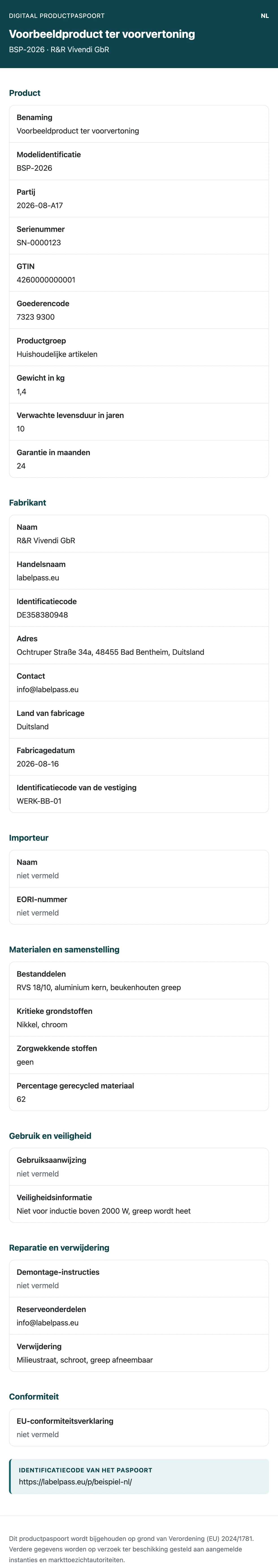 Digitaal productpaspoort op een telefoon met product-, fabrikant- en materiaalgegevens