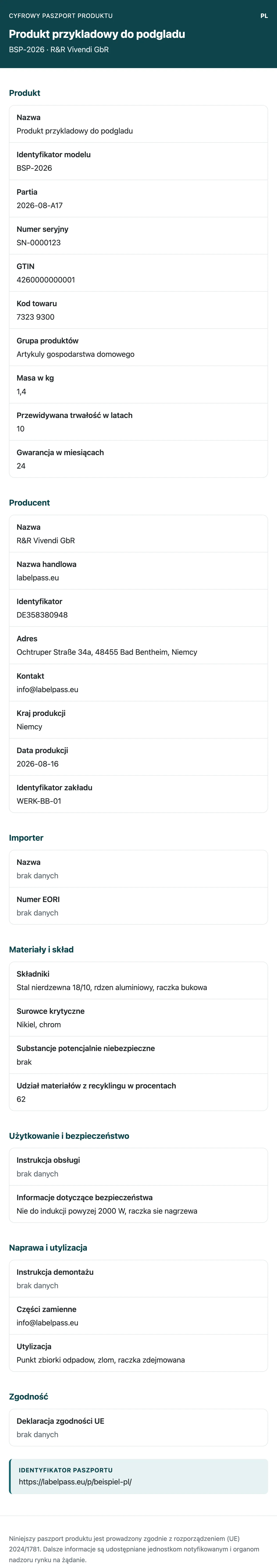 Cyfrowy paszport produktu na telefonie z danymi produktu, producenta i materiału